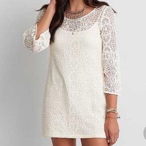 AEO Lace Crochet White Shift Dress w/ Bell Sleeve
